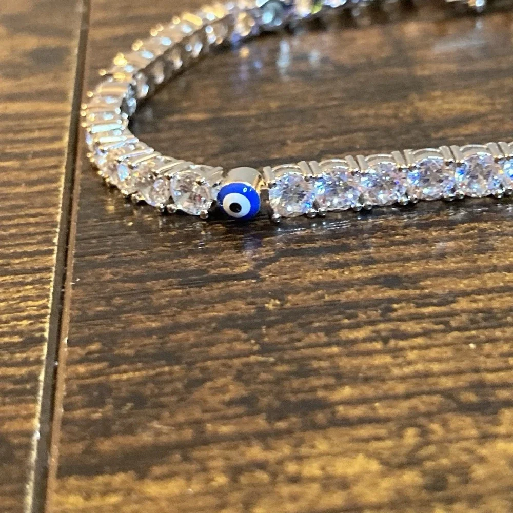Silver Tone CZ Tennis Bracelet Blue Evil Eye Charm 8in 6mm Crystal